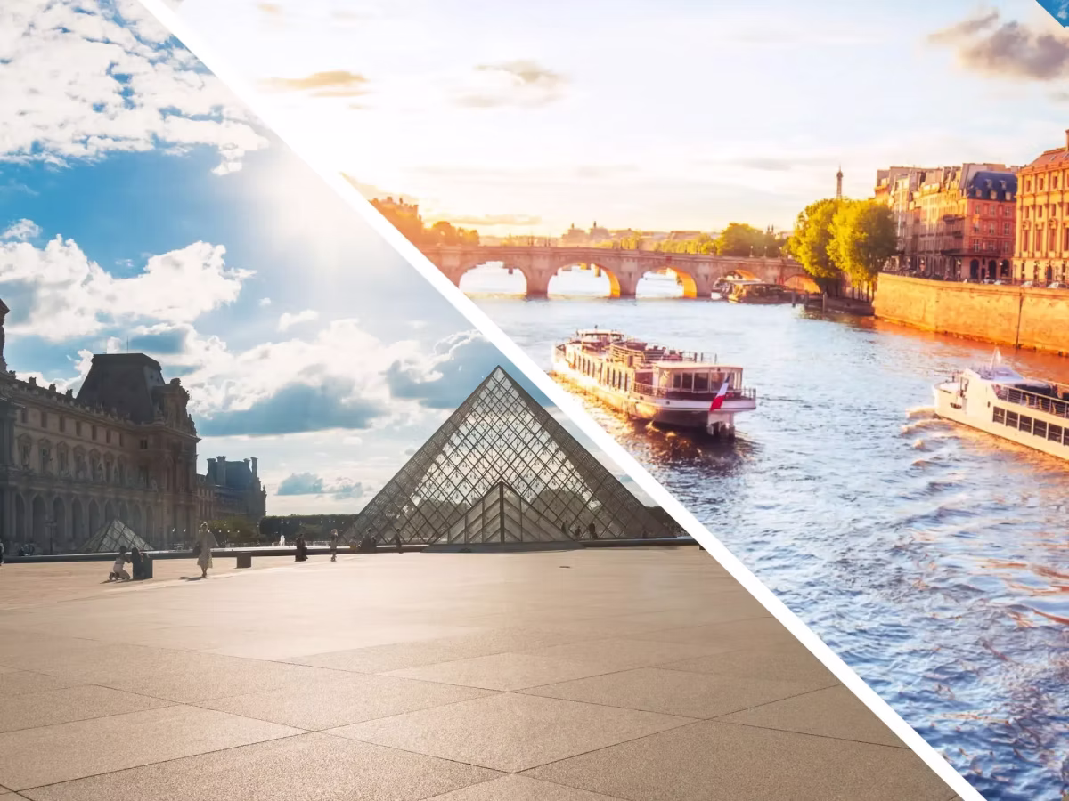 A split image shows the Louvre Museum and a Seine River cruise in Paris.